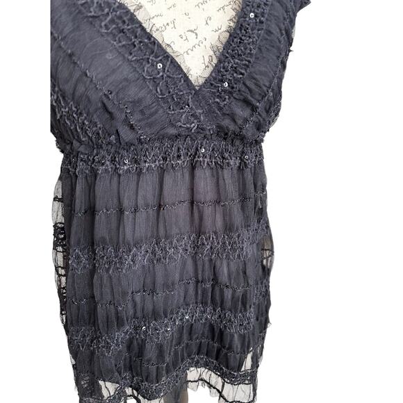 Max Studio Black Sequin Peplum Top Top Deep V Medium - Picture 4 of 5